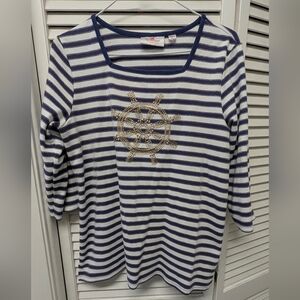Quacker Factory Navy and White Striped Nautical Top with Gold Wheel Accent